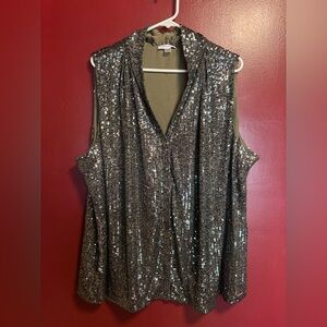 Calvin Klein Sequin Top Women’s Size 3X Olive Green Elegant Blouse Party Holiday